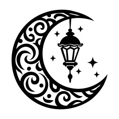 Ramazan Kareem tasarımı. Hilal şeklinde bir ay ve asılı fenerler. Şenlikli selamlar için zarif bir İslami madalya. Düz vektör çizimi beyaz üzerine izole edildi.