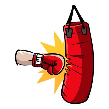 Kırmızı boks eldiveni kum torbasına çarpıyor. Dövüş eğitimi ve şampiyonluk senaryolarını tasvir eden karikatür çizimleri. Spor envanteri, boks temaları ve fitness tasarımları için ideal