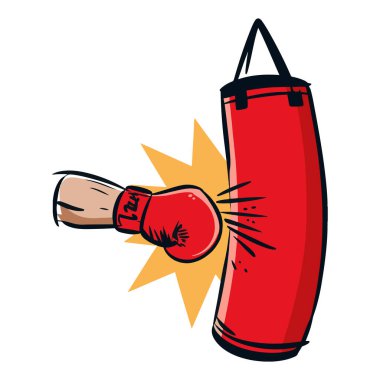 Kırmızı boks eldiveni kum torbasına çarpıyor. Dövüş eğitimi ve şampiyonluk senaryolarını tasvir eden karikatür çizimleri. Spor envanteri, boks temaları ve fitness tasarımları için ideal