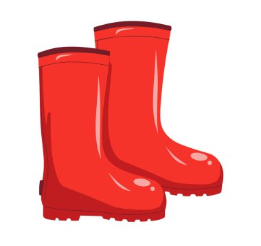 Temizlik ve bahçıvanlık için kırmızı lastik çizmeler, çizgi film tarzında vektör çizimleri. Ev ve açık hava iş temaları için ideal