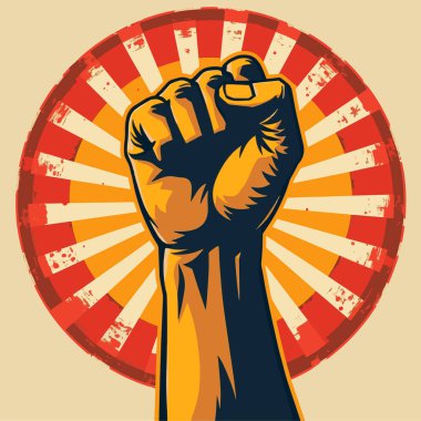 80 'lerin modası geçmiş poster tarzında sıkılmış bir el. Havaya atılan yumruk, gücü ve protestoyu simgeliyor. Eylemcilik ve motivasyon tasarımları için ideal