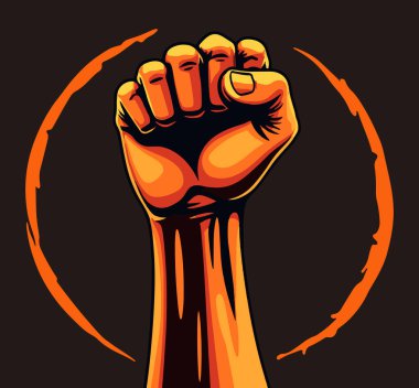 Yumruğunu sıkmış, özgürlük için kaldırmış devrimci el. Vektör illüstrasyonu proleter devrimi, özgürlüğü ve protestoyu simgeliyor. Eylemcilik, siyasi ve sosyal adalet için ideal