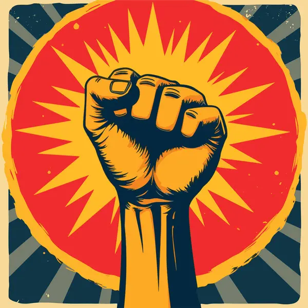 80 'lerin modası geçmiş poster tarzında sıkılmış bir el. Havaya atılan yumruk, gücü ve protestoyu simgeliyor. Eylemcilik ve motivasyon tasarımları için ideal