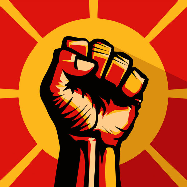Рука революции с сжатым кулаком, стиль ретро-плаката 80-х годов. Кулак, поднятый в воздух, символизирует силу и протест. Идеально подходит для активизма и мотивационного дизайна
