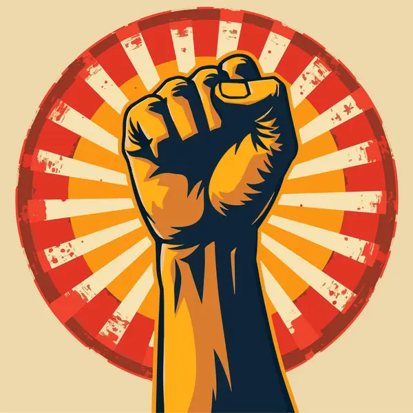 80 'lerin modası geçmiş poster tarzında sıkılmış bir el. Havaya atılan yumruk, gücü ve protestoyu simgeliyor. Eylemcilik ve motivasyon tasarımları için ideal