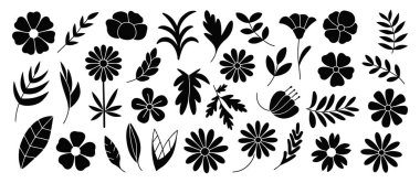 Çiçek ve yaprak siluetleri. El çizimi çiçek çiçekleri, bahçe çiçekleri ve çeşitli yapraklar da dahil. Siyah ve beyaz taslak çizimleri.
