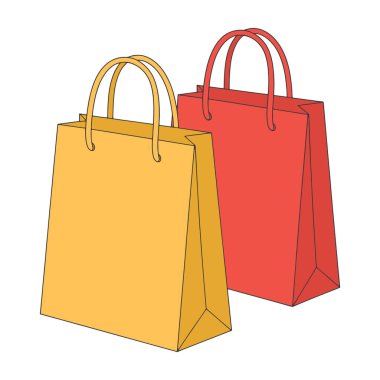 Alışveriş torbası çizgi film ikonu. Neşeli bir tasarımı olan şirin bir alışveriş çantası, web siteleri, uygulamalar ya da e-ticaret markaları için mükemmel. Vektör illüstrasyonu beyazda izole edildi.