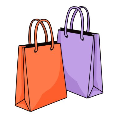 Alışveriş torbası çizgi film ikonu. Neşeli bir tasarımı olan şirin bir alışveriş çantası, web siteleri, uygulamalar ya da e-ticaret markaları için mükemmel. Vektör illüstrasyonu beyazda izole edildi.