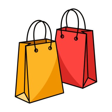 Alışveriş torbası çizgi film ikonu. Neşeli bir tasarımı olan şirin bir alışveriş çantası, web siteleri, uygulamalar ya da e-ticaret markaları için mükemmel. Vektör illüstrasyonu beyazda izole edildi.