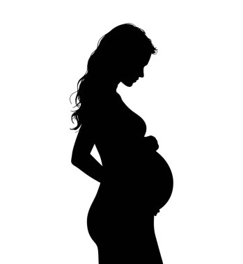 Hamile bir kızın silueti, hamile bir annenin göbeğine sarılışını temsil ediyor. Annelik ve annelik temalı tasarımlar için ideal, beyaz bir arkaplanda izole edilmiş vektör illüstrasyonu