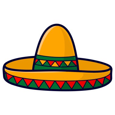 Beyaz arka planda Meksikalı bir şapkanın vektör çizimi. Geleneksel geniş kenarlı, renkli desenli, Meksika kültürü ve kutlamalarıyla ilişkilendirilmiş bir tasarım..