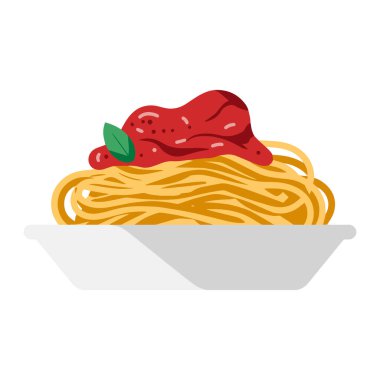 Tabakta spagetti, düz stil vektör çizimi, beyaz arka planda izole edilmiş. Yemek ve İtalyan mutfağı temaları için ideal