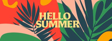 Canlı tropikal yapraklarla dolu yaz arkaplanı. Satışlar, posterler, sosyal medya ve reklam afişleri için mükemmel. Parlak ve taze mevsimsel tasarım.