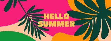 Tropikal yapraklar ve elementlerin yer aldığı yaz çizimleri. Mevsimlik tasarımlar, posterler, davetiyeler ve sosyal medya grafikleri için mükemmel. Vektör illüstrasyonu.