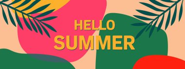 Tropikal yapraklar ve elementlerin yer aldığı yaz çizimleri. Mevsimlik tasarımlar, posterler, davetiyeler ve sosyal medya grafikleri için mükemmel. Vektör illüstrasyonu.