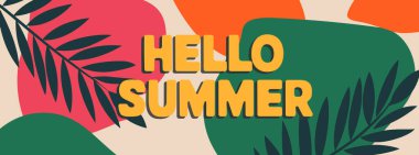 Tropikal yapraklar ve elementlerin yer aldığı yaz çizimleri. Mevsimlik tasarımlar, posterler, davetiyeler ve sosyal medya grafikleri için mükemmel. Vektör illüstrasyonu.