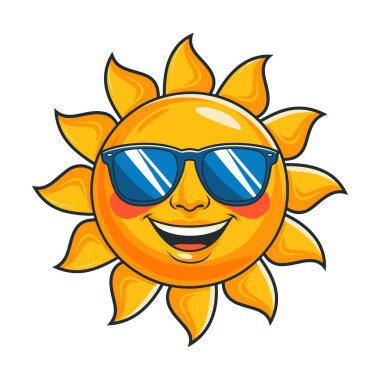 Güneş gözlüğü takan güneş karakteri. Eğlenceli ve neşeli yaz maskotu ikonu. Düz çizgi film stili vektör çizimi, mevsimsel tasarımlar ve markalaşma için mükemmel..