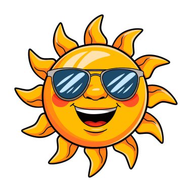 Güneş gözlüğü takan güneş karakteri. Eğlenceli ve neşeli yaz maskotu ikonu. Düz çizgi film stili vektör çizimi, mevsimsel tasarımlar ve markalaşma için mükemmel..