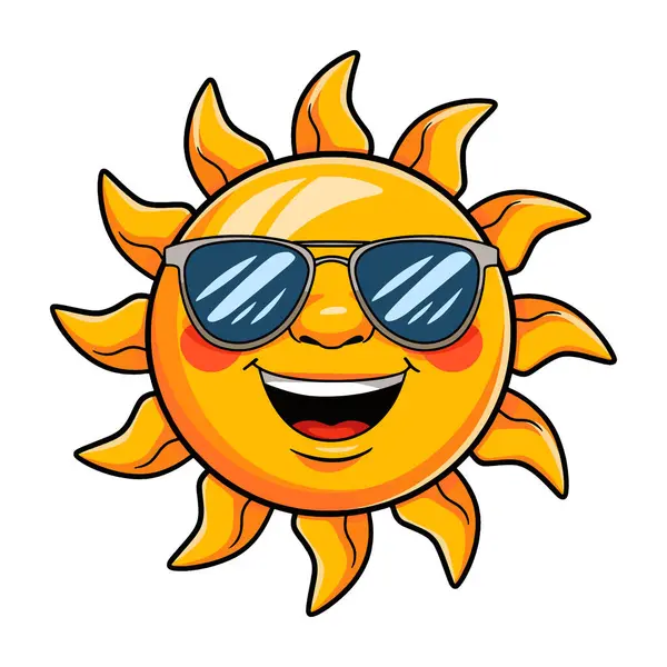 Güneş gözlüğü takan güneş karakteri. Eğlenceli ve neşeli yaz maskotu ikonu. Düz çizgi film stili vektör çizimi, mevsimsel tasarımlar ve markalaşma için mükemmel..