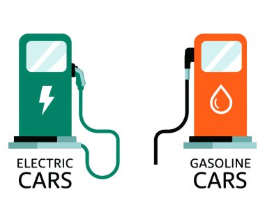 Elektrikli benzinli araba sembollerine karşı. Düz vektör çizimi, temiz elektrik enerjisiyle geleneksel benzin yakıtını karşılaştırıyor. Ulaşımın geleceğini temsil eden modern tasarım.