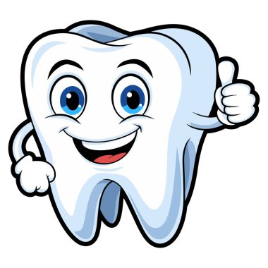 Baş parmaklı diş karikatürü, vektör çizimi. Sevimli, gülümseyen bir diş, diş bakımı teması, çocuk ürünleri ve pozitif oral sağlık mesajları için mükemmel..