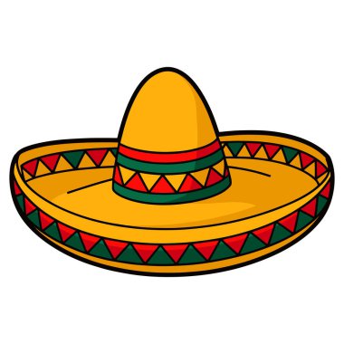 Geniş kenarlı, renkli desenli ve şenlikli tasarımla geleneksel bir Meksika şapkasının vektör çizimi. Meksika kültürünü ve kutlamalarını temsil etmek için mükemmel.