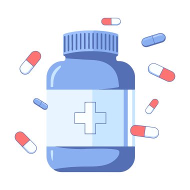 Kapsül dizaynlı aşı şişesi. Sağlıkla ilgili konular için vektör illüstrasyon sergileniyor. Sağlık, eczane ve tıbbi grafikler için ideal