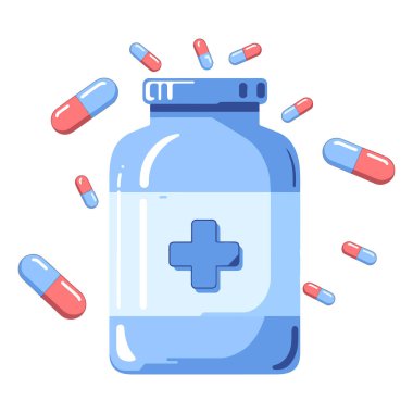 Kapsül dizaynlı aşı şişesi. Sağlıkla ilgili konular için vektör illüstrasyon sergileniyor. Sağlık, eczane ve tıbbi grafikler için ideal