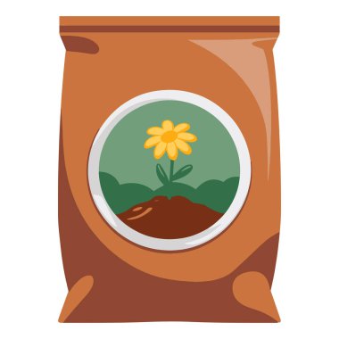 Üzerinde bitki sembolü olan kahverengi bir kağıt gübre torbasının temsili. Toprakta büyüyen küçük bir tohum, bahçıvanlığı, tarımı ve bitkileri temsil ediyor..