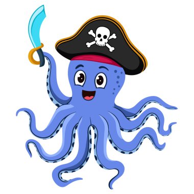 Komik ve mutlu ahtapot korsan kaptan, vektör karikatür çizimi. Neşeli ve kaprisli tasarımlar için mükemmel, çocuk temaları için ideal, korsan maceraları, ya da mizahi deniz projeleri.
