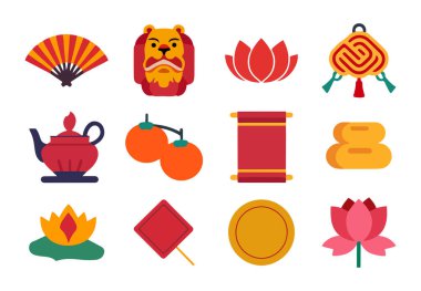 Ay Yeni Yıl dekorasyon elementlerinin vektör seti. İzole edilmiş Çin Yeni Yıl ikonları, festival tasarımları ve kutlamalar için mükemmel..