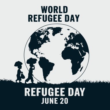 Dünya Mülteciler Günü 'nde insan siluetleri ve bir dünya ile selamlaşıyoruz. Bilinç kampanyaları, insani etkinlik promosyonları ve sosyal sorumluluk girişimleri için ideal.