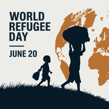 Dünya Mülteciler Günü 'nde insan siluetleri ve bir dünya ile selamlaşıyoruz. Bilinç kampanyaları, insani etkinlik promosyonları ve sosyal sorumluluk girişimleri için ideal.