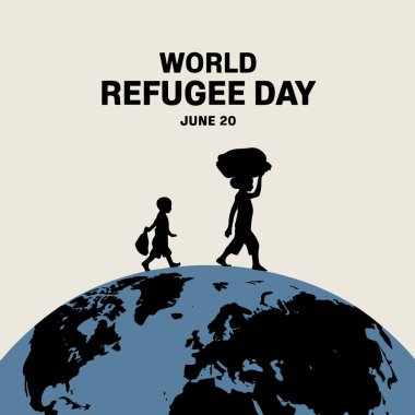 Dünya Mülteciler Günü 'nde insan siluetleri ve bir dünya ile selamlaşıyoruz. Bilinç kampanyaları, insani etkinlik promosyonları ve sosyal sorumluluk girişimleri için ideal.