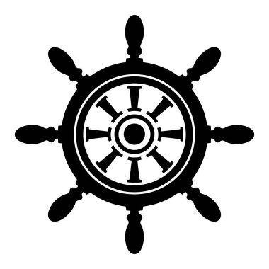 Gemi tekerleği çizimi. Klasik tasarımlı, dekoratif çerçeveyle çevrili bir deniz dümeni. Deniz teması, logo ya da denizle ilgili grafikler için mükemmel.