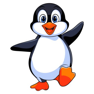 Şirin bebek penguen çizgi filmi el sallaması, vektör çizimi. Çocuk tasarımları, eğlenceli çizimler ve hayvan temalı projeler için mükemmel bir arkadaş canlısı yavru penguen..