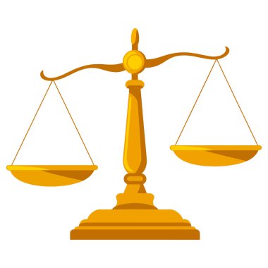 İki boş kaseyle klasik altın denge tartısı. Adalet, hukuk ve denge temalı tasarımlar için basit düz vektör illüstrasyonu ideali.