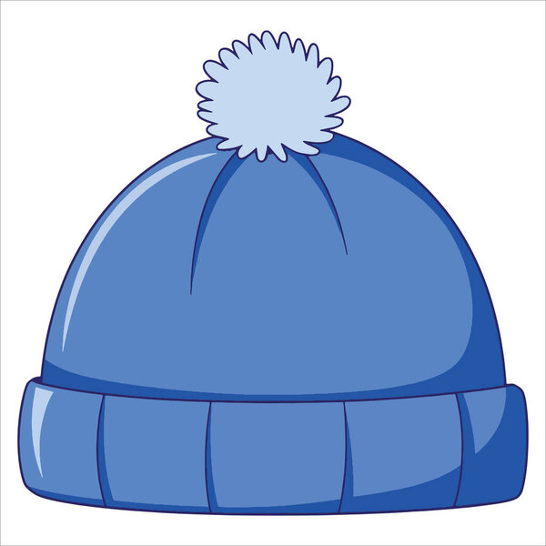 Blue knitted winter hat with pompon.Isolated vector illustration of cold-weather clothing.