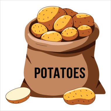 Çuval dolusu çiğ patates vektör çizimi. Kırsal çiftlik tarım ambalajı ve organik gıda pazarı tasarımları için ideal sanat eserleri üretiyor..