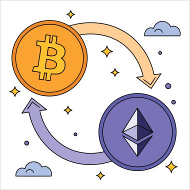 Bitcoin 'den Ethereum işlem vektörüne. Kripto takasları, engelleme zinciri aktarımları ve DeFi grafikleri için ideal.