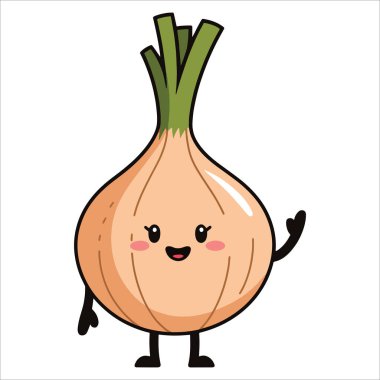 Yay vektörlü, gülümseyen sevimli soğan. Modern düz çizgi film tarzında oyuncu bir sebze karakteri.