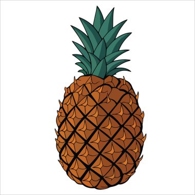 Beyaz arka planda izole edilmiş ananas düz vektör çizimi. Yaz, yemek ve Hawaii temaları için tropik meyve grafikleri ideal.