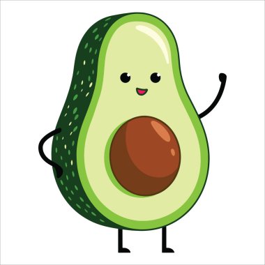 Mutlu avokado çizgi film karakteri vektörü. Gülümseyen meyve, vegan ve yemek temaları için resimle karşılaşıyor.