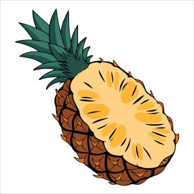 Beyaz arkaplan vektör illüstrasyonunda yarım ananas izole edilmiş. Gıda, meyve suyu ve sağlıklı yaşam temaları için taze tropikal meyve konsepti.
