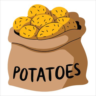 Çuval dolusu soyulmamış patates taşıyıcısı. Hearty çiftliği çiftçi pazarı grafikleri, yemek kitabı çizimleri ve sürdürülebilir gıda kampanyaları için ideal sanat eserleri üretiyor..