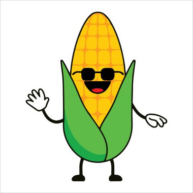 Çizgi film vektör tarzında güneş gözlüklü komik bir mısır karakteri. Beyaz üzerine izole edilmiş sebze maskotu yaz festivalleri ve retro atıştırmalık markaları için mükemmel..