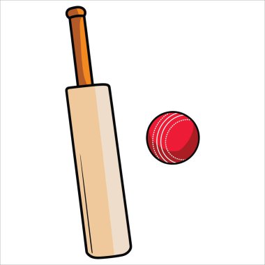 Kriket sopası ve kırmızı kriket topu çizimi. Maçlar ve antrenmanlar için geleneksel spor ekipmanları.