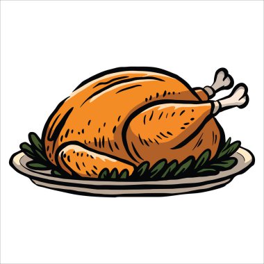 Dijital illüstrasyonla tavuğun tamamını tabakta kızarttım. Mutfak içeriği, yemek tarifi kitapları ve yemek temaları için mükemmel..