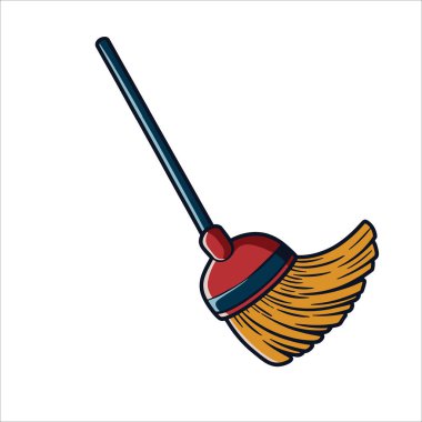 Bir vazonun üzerine süpürge tozu sürtünmesi, ev temizliğinin vektör çizimi. Ev işleri, hijyen kavramları ve temizlik ürünü görselleri için mükemmel..