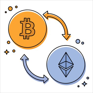 Bitcoin 'in vektör grafiği Ethereum aktarımına çevriliyor. Kripto para değişimi, engelleme teknolojisi görselleri ve merkezi olmayan finans arayüzleri için ideal.